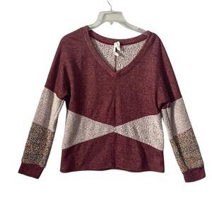 Amandi‎ Women's V Neck Long Sleeve Patchwork Sweater Knit Boho Size Small